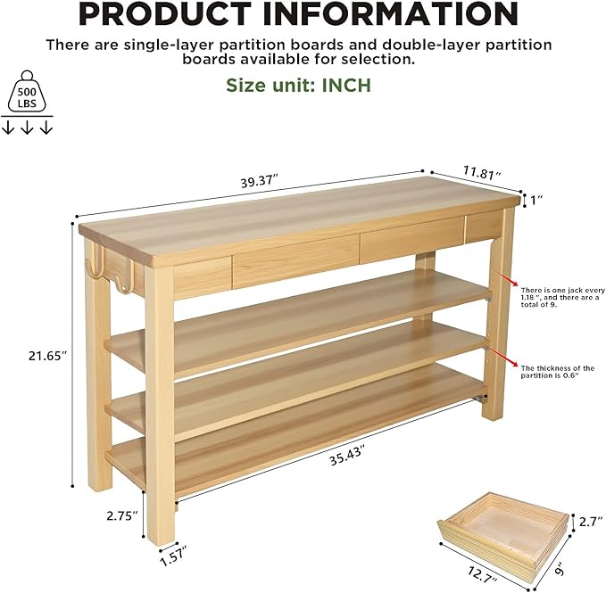 Wood Shoe Bench Entryway with Drawer: 3-Tiers Wooden Storage Shoe Rack with Bench Seat, Compact Mid-Century Modern Design for Entryway,Hallway,Closet,Front Door Entrance,Foyer Natural 39.3"