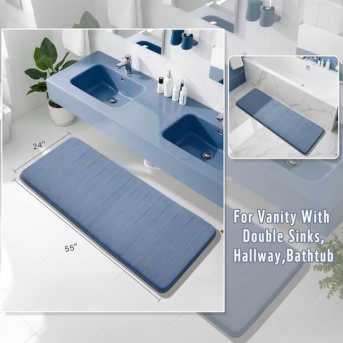 Yimobra Bathroom Runner 55"x24", Non Slip Memory Foam Bath Mat, Super Soft Water Absorbent Hallway Carpet, Machine Washable Rug for Vanity Tub Shower, Denim Blue