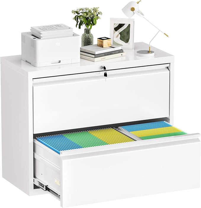 Superday Lateral File Cabinet 2 Drawer Metal File Cabinet with Lock, White Filing Cabinets for Home Office, Locking Filing Cabinets Hanging Files Letter/Legal/F4/A4