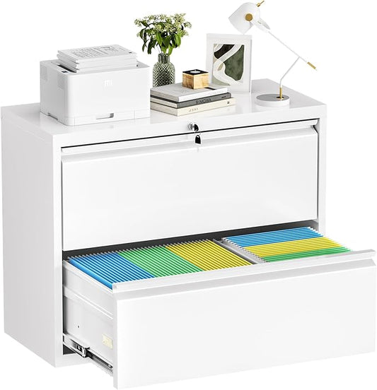 Superday Lateral File Cabinet 2 Drawer Metal File Cabinet with Lock, White Filing Cabinets for Home Office, Locking Filing Cabinets Hanging Files Letter/Legal/F4/A4