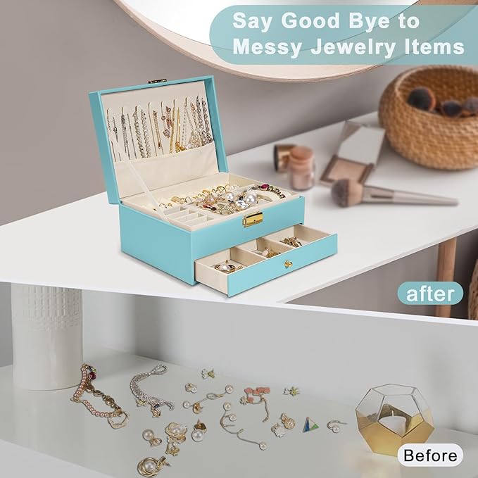 2-Layer Jewelry Box for Women, Jewelry Organizers and Storage with Removable Jewelry Tray, Vintage Quilted Top Lockable Jewelry Holder Gift Idea Sky Blue