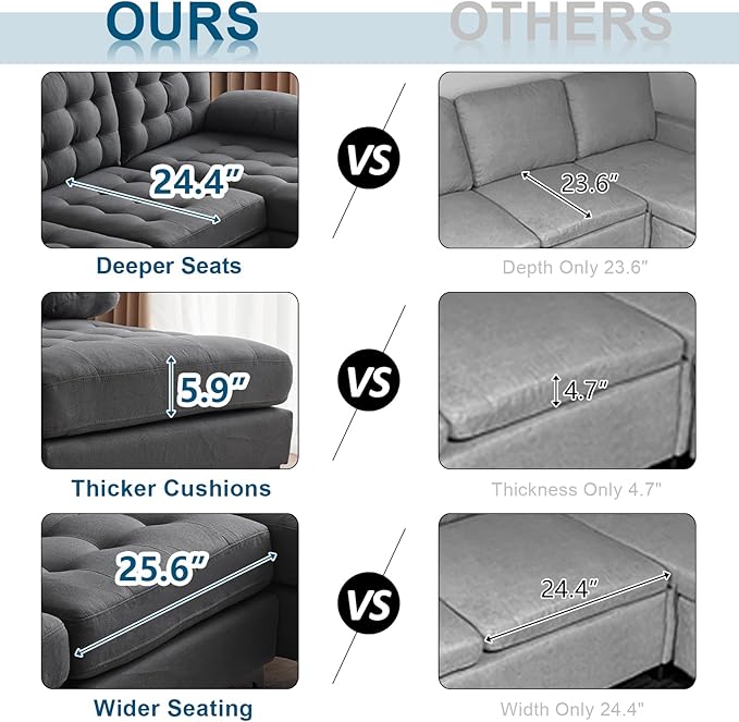 VINGLI 110" Modern U Shaped Sectional Sofa Couch with 51" D Double Chaise for Living Room, Large Tufted Button Couch Sets with 5.9" Thickness Seating Padding for Small Spaces (Grey,Tufted Button)