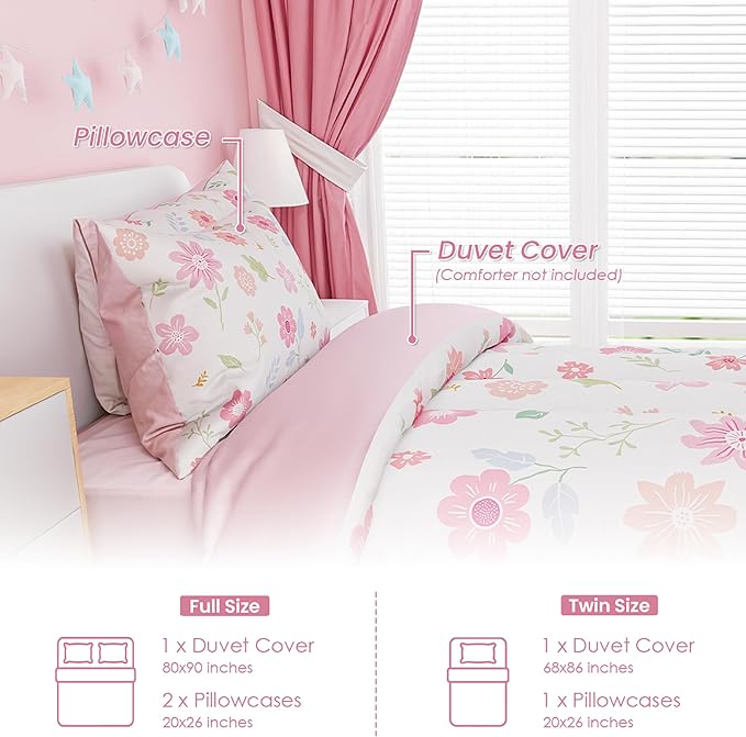 SANDJEST Floral Duvet Cover Sets Full Size for Kids Girls, Incude 1 Polyester Comforter Cover 80x90 Inches and 2 Pillowcases 20x26 Inches, Comforter Not Included, Gift for Christmas Birthday