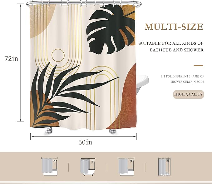 Glawry Boho Mid Century Shower Curtain 60Wx72L Inches Abstract Tropical Palm Leaves Modern Minimalist Plant Botanical Geometric Bathroom Aesthetic Bath Accessories Art Home Decor Fabric 12 Pack Hooks