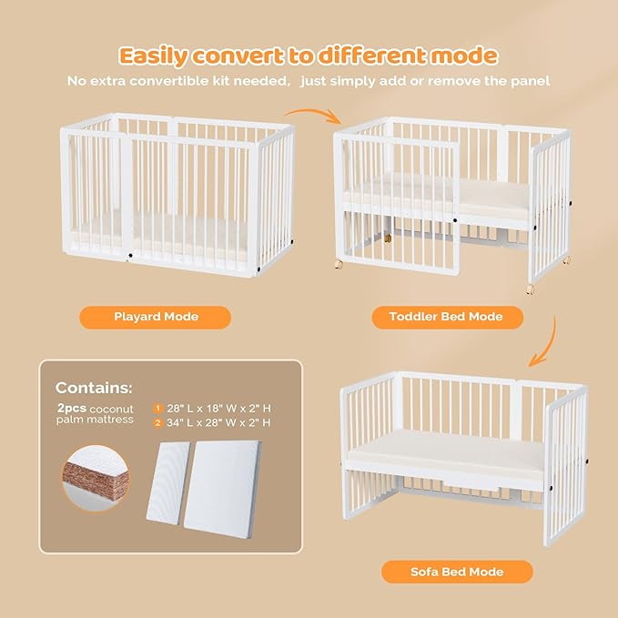 JOYMOR 8 in 1 Convertible Crib with Changer, Include 2” Mattress, Converts to Bassinet, Mid Crib, Full Size Crib, Daybed,Toddler Bed and Playard (Crib, White)