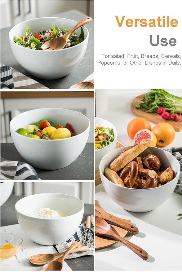 LAUCHUH Salad Serving Bowls, 5 Quarts Porcelain White Serving Bowl Extra Large Mixing Bowl with Spoon Set for Salad, Preparing, Pasta, Popcorn, Chips, Fruit, Vegetables, Thanksgiving, Christmas, 3 Pcs
