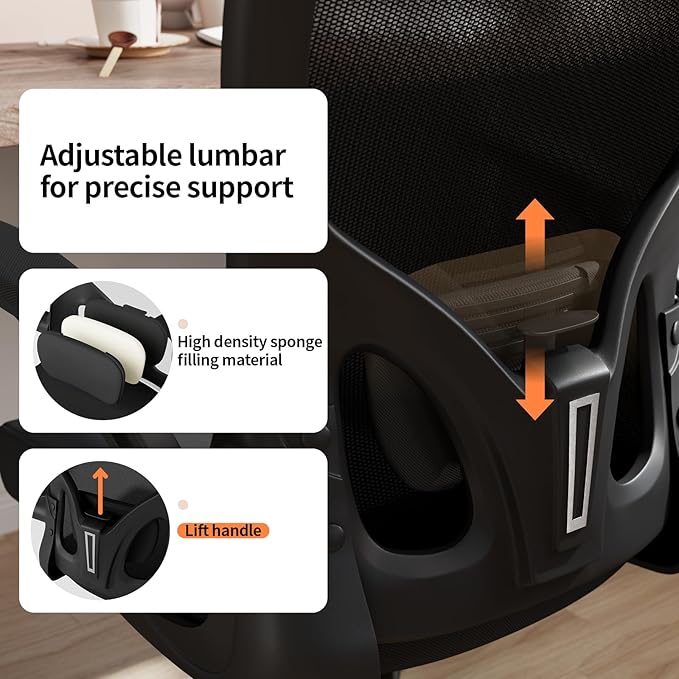 Monhey Ergonomic Office Chair with Lumbar Support, Adjustable Height, 2D Flip-up Arms, Breathable Black Mesh, Comfortable Desk Chair Chair for Home, Office, Study & Gaming