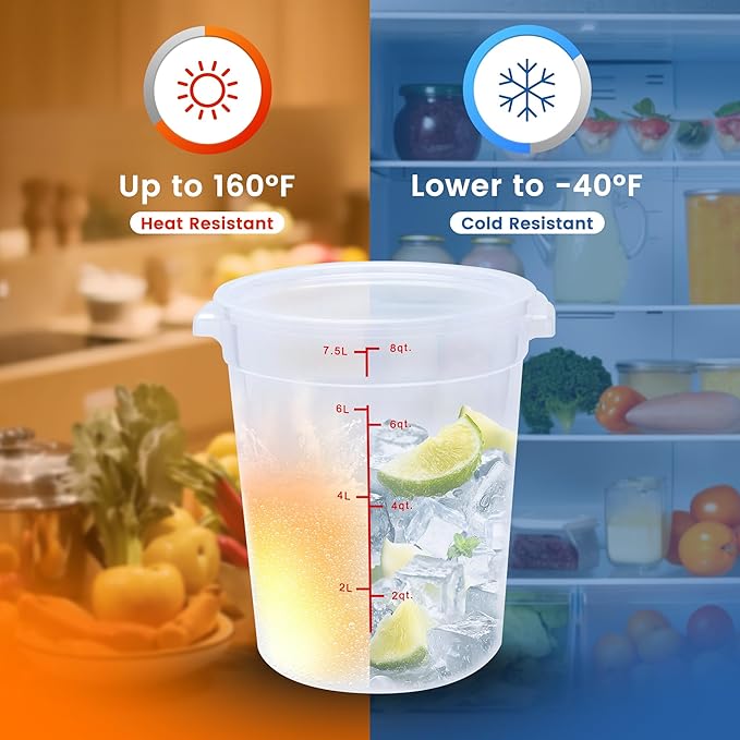 4 Pack 8QT Round Food Storage Containers with Lids, BPA-Free Polypropylene NSF Commercial Food Container, with Labels & Measuring Cup
