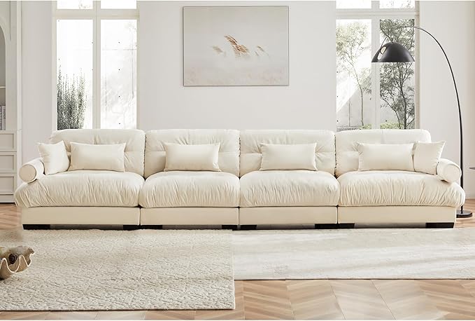 Ball & Cast 166" Sectional Cloud Couch,Modular Velvet Sofa with Bolstered Armrests,6 Pillows,Deep Seat,Convertible L Shaped Couch for Living Room,Modern Comfy Sofa,Cream