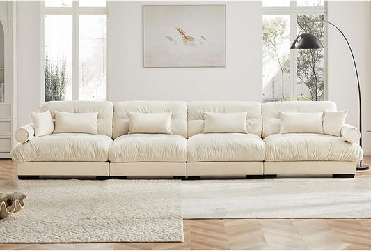 Ball & Cast 166" Sectional Cloud Couch,Modular Velvet Sofa with Bolstered Armrests,6 Pillows,Deep Seat,Convertible L Shaped Couch for Living Room,Modern Comfy Sofa,Cream