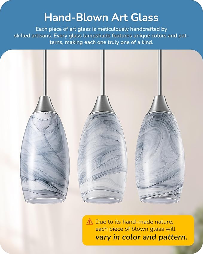 EDISHINE Pendant Light Fixture, Handcrafted Art Glass Hanging Light, Hardwired Ceiling Light, Grey Marble Glass Shade, Adjustable Brushed Nickel Rods, E26 Base, Pendant Lamp for Kitchen Island, Bar