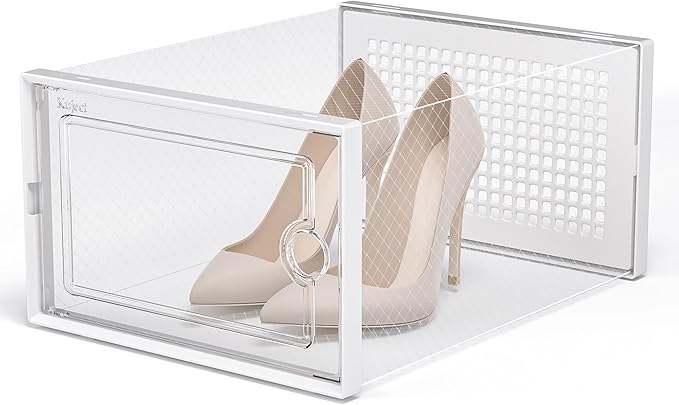 Kuject X-Large Shoe Storage Boxes Organizers Clear Plastic Stackable 12 Pack, Shoe Rack & Holder Substitute, Sneaker Containers, Toy Storage Organizer Bins for Entryway, Closet, Under Bed, White