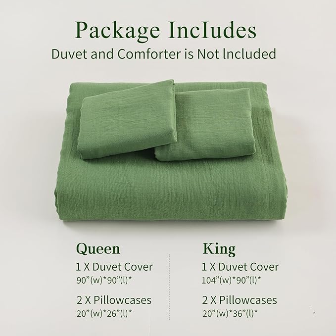 MEISHANG Muslin Duvet Cover King Size - 100% Organic Cotton, Soft Textured Gauze Weave Comforter Cover for Breathable All-Season with Zipper Closure - 3 Piece Set (King, Dusty Green)