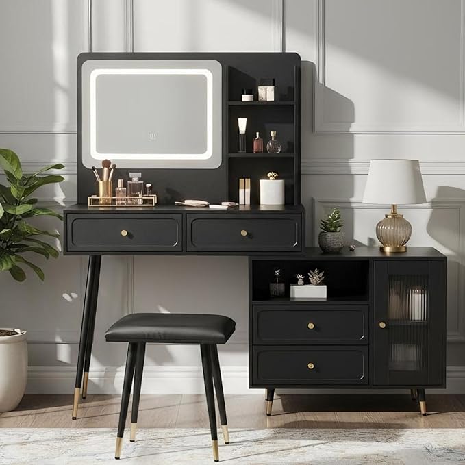 Merax 58" Large Vanity Desk with Mirror and Lights, Modern Black Makeup Vanity Set with Stool and Power Outlet, Retractable Dressing Table with Drawers and Side Cabinet for Bedroom, 3 Color Mode
