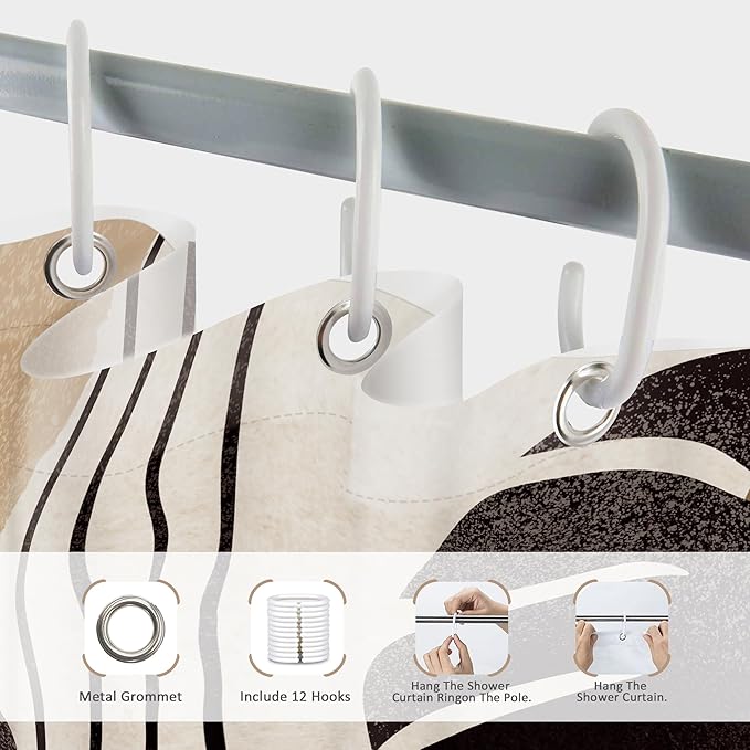 Glawry Boho Mid Century Shower Curtain Abstract Plant Tropical Palm Leaf Modern Geometric Minimalist Bathroom Black Beige Brown 72Wx78L Inches Bath Accessories Art Home Decor Fabric 12 Pack Hook