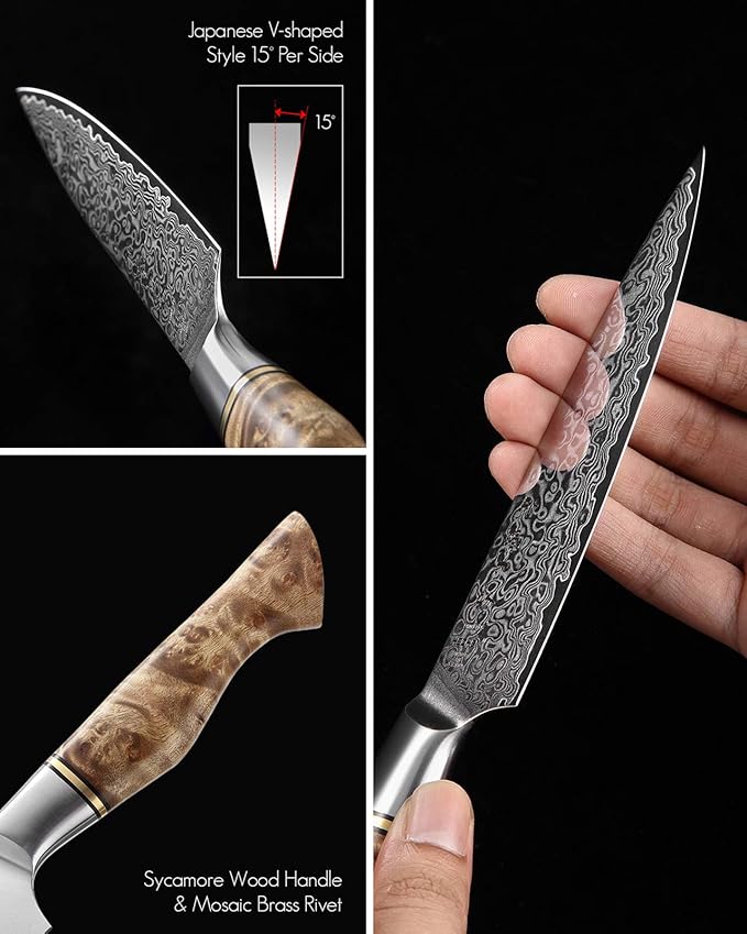 HEZHEN 5 inch Utility Knife with Razor Sharp- Damascus Steel with Rose Pattern Multifunctional VG10 Professional Paring-Fruit knife- Master Series Ergonomic Figured Sycamore Wood Handle