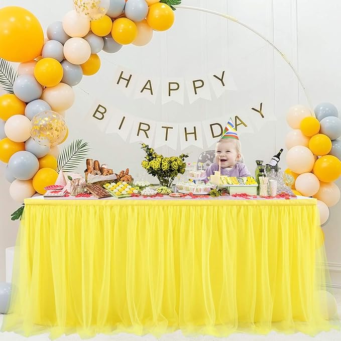 Suppromo 14ft Yellow Tulle Tutu Table Skirt for Birthday Party Girls Boys Baby Shower Wedding Cake Dessert Table Decorations