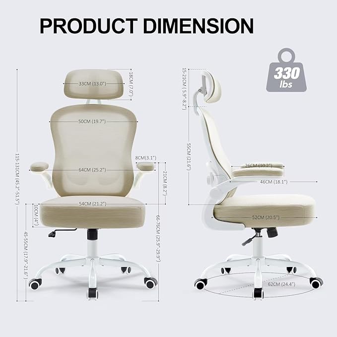 Ergonomic Office Chair,Ultra Thick Office Desk Chair with Adjustable Lumbar Support and Headrest,Spring Cushion,Rocking Function,Flip-up arms,Mesh Computer Chair for Home Office,Khaki