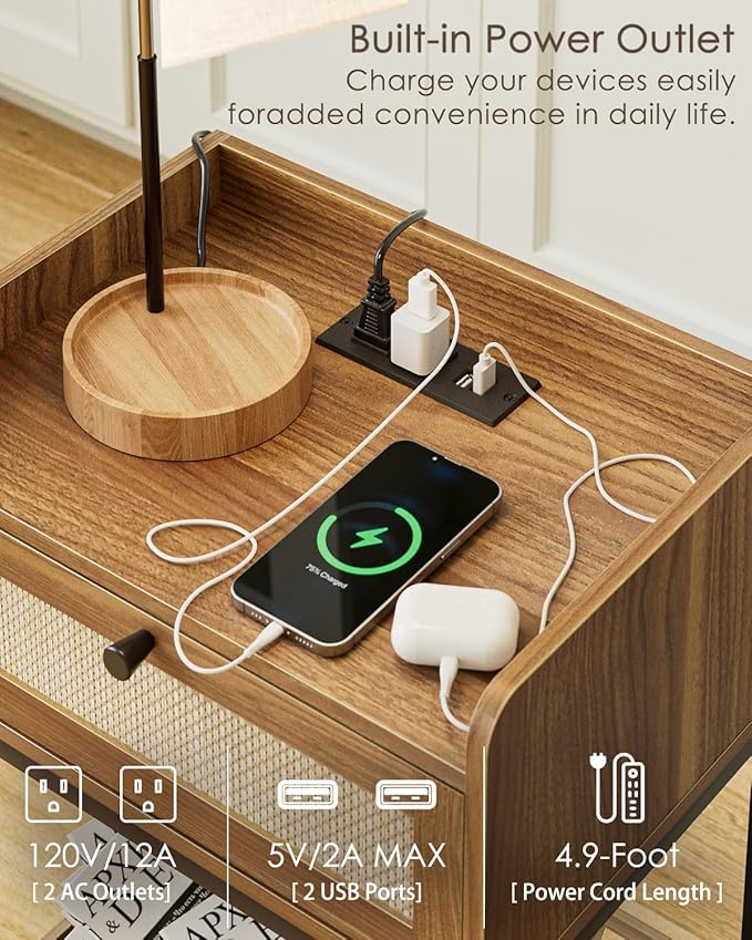 Masupu Nightstand with Charging Station, Modern Bedside Table Night Stand with Storage Drawer and Shelf,Small End Side Table for Bedroom,Living Room,Walnut Brown