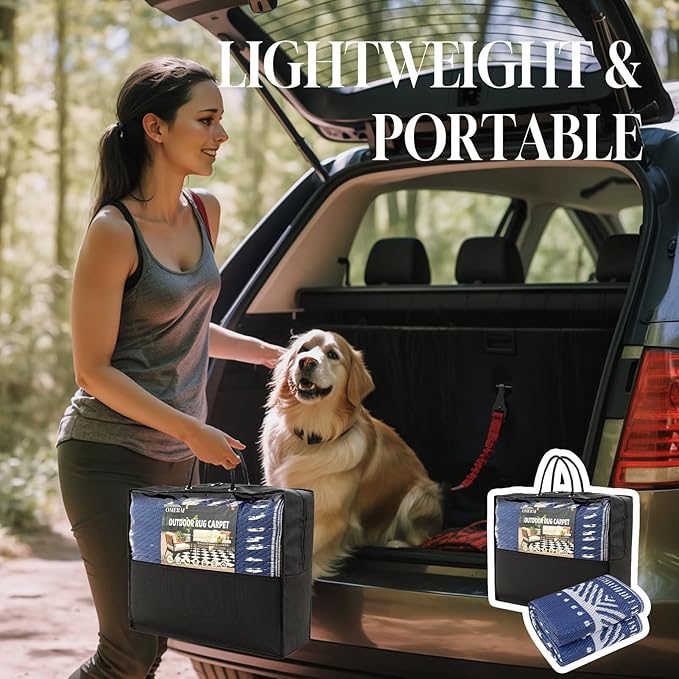 OMERAI Reversible Waterproof Outdoor Rug for Backyard,Plastic Textured Resistant Outdoors Rugs,Portable Washable Easy Cleaning Foldable Camping Beach Carpet for Patio Courtyard, 5'x8' Blue & White