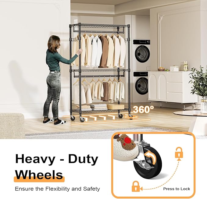 Heavy Duty Rolling Garment Rack 3 Tiers Adjustable Wire Shelving Clothes Rack with 2 Rods and Side Hooks,Storage Closet Clothing Rack with Wheels Black 15.7" D x 29.5" W x 74.5" H