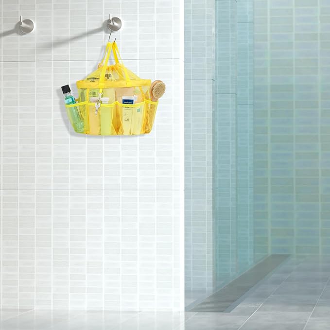 F-color Mesh Shower Caddy Portable with Drawstring - Upgrade Deeper 7 Pockets Dorm Room Essentials for Guys Girls with S Hook, Shower Bag Basket Tote for College Camping Toiletry Bathroom, Yellow