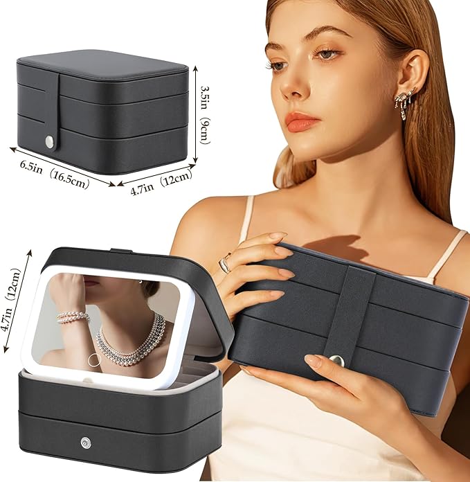 Travel Jewelry Case with LED Lighted Mirror, Portable Travel Jewelry Organizer, 2-Layer Jewelry Box for Earrings Necklace Bracelet Rings, Birthday Gifts for Women Girls Kids (Black)