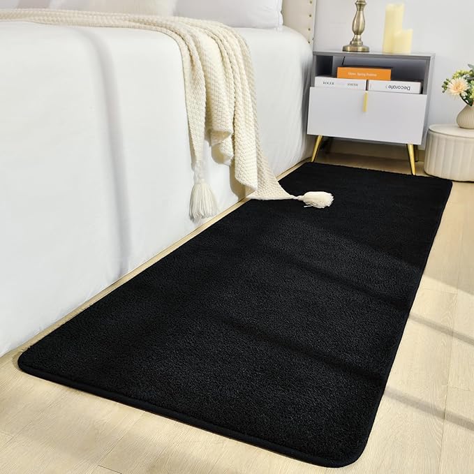 Soft Runner Rugs for Bedroom 2x6, Non Slip Runners for Hallway Kitchen Laundry Dorm Washable, Minimalist Low Pile Long Rugs for Boys Men Girls Kids, Black