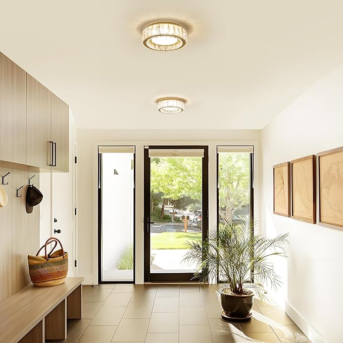 Dimmable Modern Luxury Crystal LED Flush Mount Ceiling Light,11 Inch 24W/5CCT 3000K-6000K Gold Small Close to Ceiling Lighting Fixtures for Kitchen,Entryway,Laundry Room,Porch