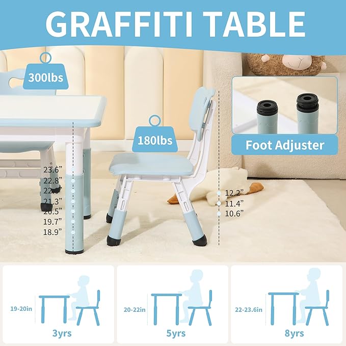 Toddler Table and 2 Chairs, Height-Adjustable Kids Table and Chairs Set, 31.5''L x 23.6''W Children Activity for Boys and Girls Aged 3-8
