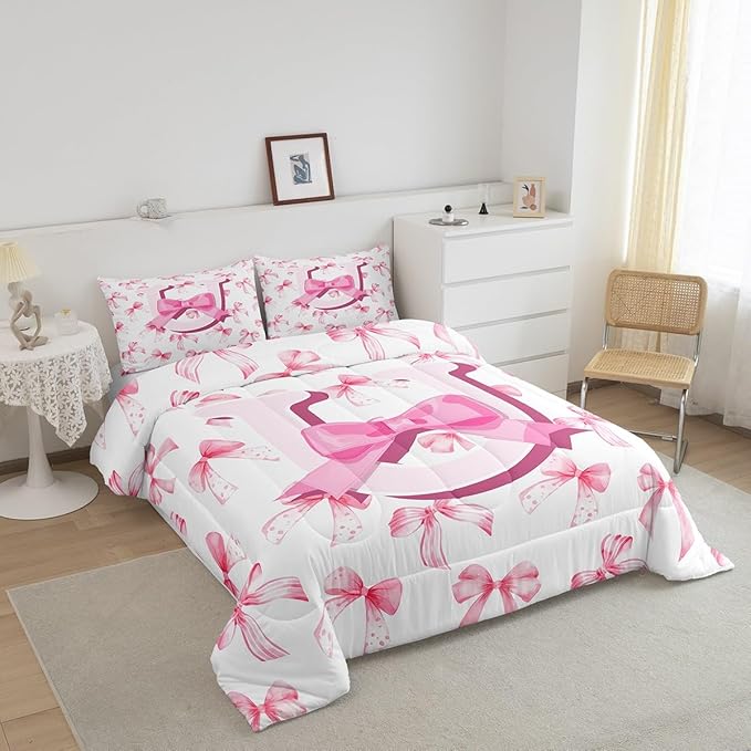jejeloiu Kids Girls Cute Pink Bow Comforter Set Queen Size Monogrammed Bedding Set Ultra Soft Personalized Initial U Duvet Quilt Coquette Bow Knot Quilt Set Room Decor Modern Fashion Comforter