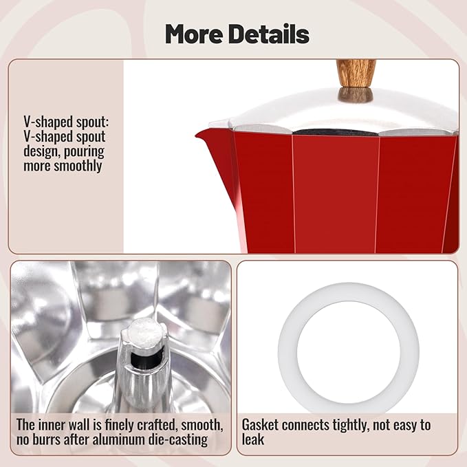 3 Cup Aluminum Moka Pot Classic Stovetop Espresso Coffee Maker 150ml 5oz Coffeemaker Percolator Mocha Pot Greca Coffee Maker Cafe Makers for Italian and Cuban Café Brewing Red