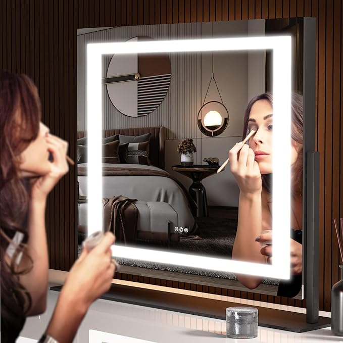 Hasipu Vanity Mirror with Lights, 24.2" x 19.7" LED Makeup Mirror, Light up Mirror with 10X Magnification and USB, Phone Holder, Smart Touch 3 Colors Dimmable, 360° Rotation (Right Angle Black)