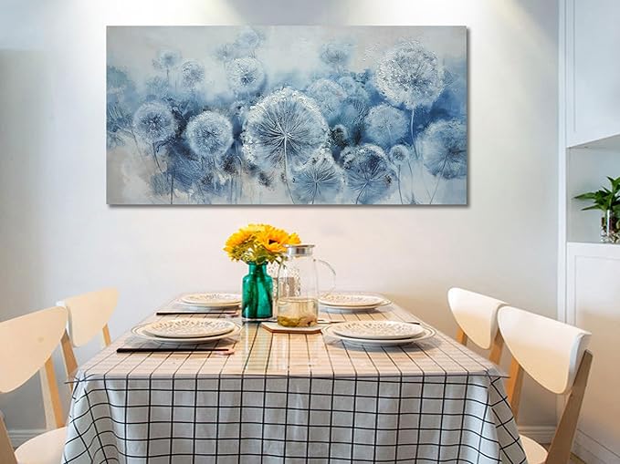 Arjun Flower Wall Art Indigo Blue Dandelion Floral Canvas Painting Watercolor White Textured Modern Artwork Large Framed for Living Room Bedroom Dinning Room Bathroom Home Office Wall Decor, 40"x20"