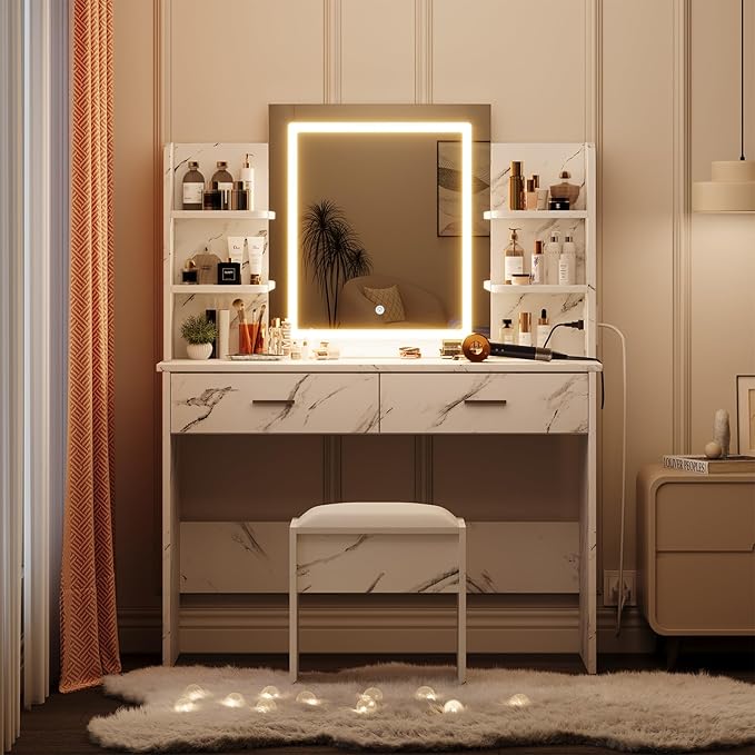 GAOMON Makeup Vanity Desk with Lights and Mirror, Vanity Table with 3 Lighting Modes, Storage Drawer, Shelves, Charging Station and Included Stool for Bedroom, Marble White