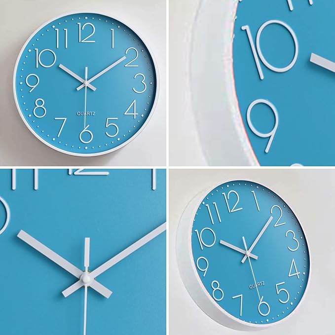 Lake Blue Vintage Style Non-Ticking Wall Clock, Battery Operated Quartz Analog Silent Movement, Large Decorative 12 Inch Clock with Arabic Numerals