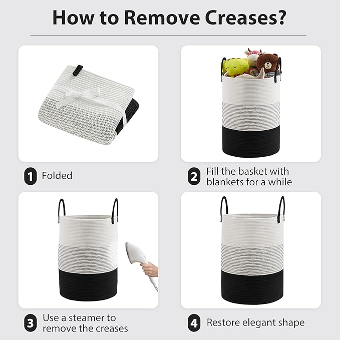 Fiona's magic Cotton Rope Laundry Hamper, Tall Woven Laundry Basket Storage, Baby Nursery Hamper for Blankets, Toys and Clothes Hamper for Bedroom and Living Room Organizing, 72L, Black & White