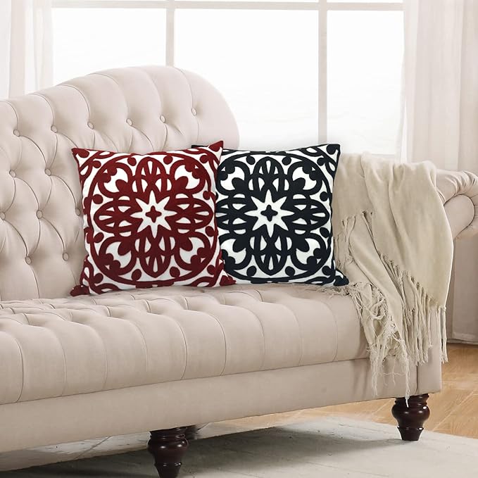 Alysheer Embroidered Decorative Throw Pillow Cover 18x18 inch, Classic Boho Mandala Knit Pattern, Cozy Soft 100% Cotton Canvas Fall Cushion Case for Sofa Couch Living Room (Burgundy Red)