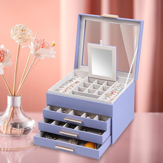 BOOVO Clear Lid Jewelry Box,4 Layers Jewelry Organizer Large Jewelry Storage Box with 3 Drawers,Jewelry Holder Organzier of Rings Earrings Necklace Bracelets for Women (Purple, 4 Layer)