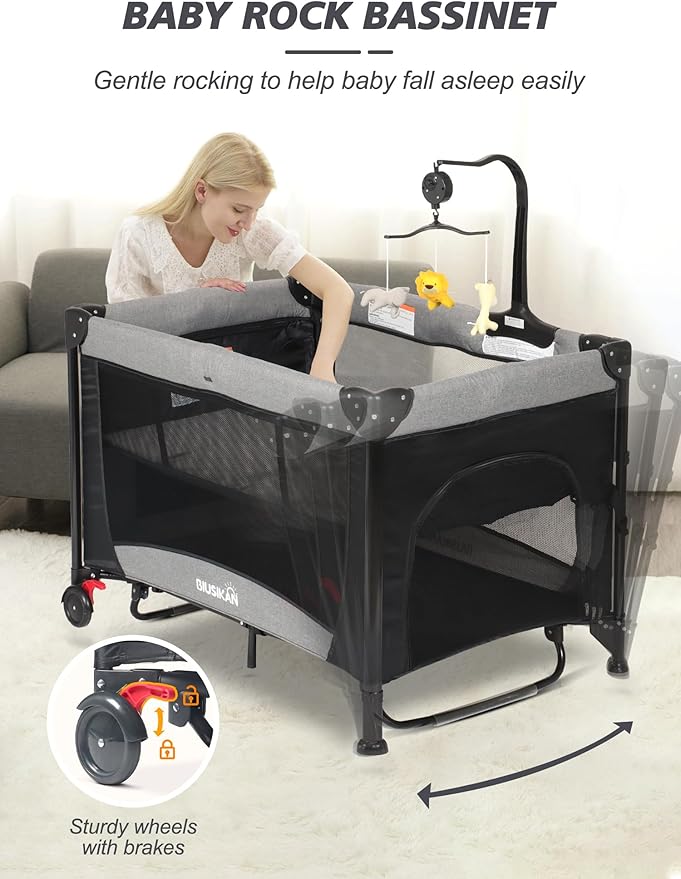 Baby Bassinet, Pack and Play with Bassinet, Bedside Sleeper with Diaper Changer, Mosquito Net, Music Box, Portable Crib with One-Click Installation, Playard for Newborn to Toddlers