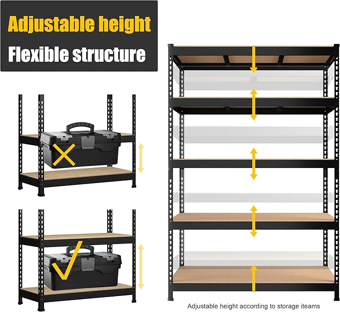 PrimeZone 48" W x 18" D x 72" H Garage Shelving Heavy Duty - Adjustable Metal Storage Shelves, 5 Tier Industrial Shelving Unit, Utility Shelf Rack for Basement, Warehouse, Pantry, Closet, Black, 3Pack
