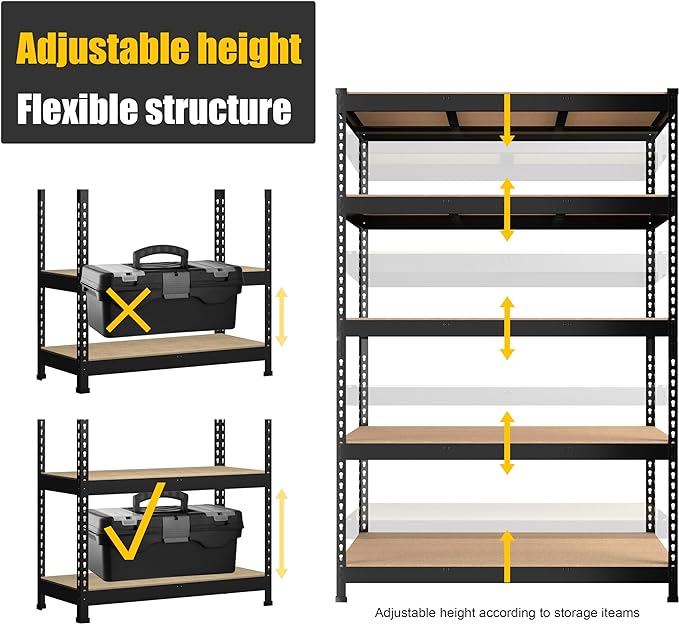 PrimeZone 5 Pack Heavy Duty Storage Shelves - 47" W x 18" D x 71" H 5 Tier Adjustable Garage Storage Shelving, Metal Storage Utility Rack Shelf Unit for Warehouse Pantry Closet Kitchen, Black