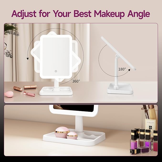 FUNTOUCH Rechargeable Lighted Mirrors for Makeup, 2000mAh, 10X Magnification/3 Color Lighting Portable Tabletop Cosmetic Make Up Mirror, 360° Rotation Led Light up Mirrors with Storage,White