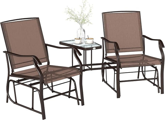 Outsunny Outdoor Glider Chairs with Coffee Table, Patio 2-Seat Rocking Chair Swing Loveseat with Breathable Sling for Backyard, Garden, and Porch, Coffee Brown