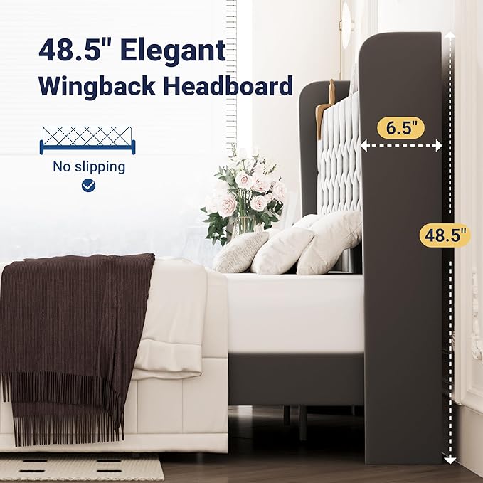 Allewie King Size Bed Frame, Storage Headboard with Charging Station, Wingback Velvet Upholstered, Diamond Stitched Button Tufted, Sturdy Wooden Slats, No Box Spring Needed, Easy Assembly, Grey