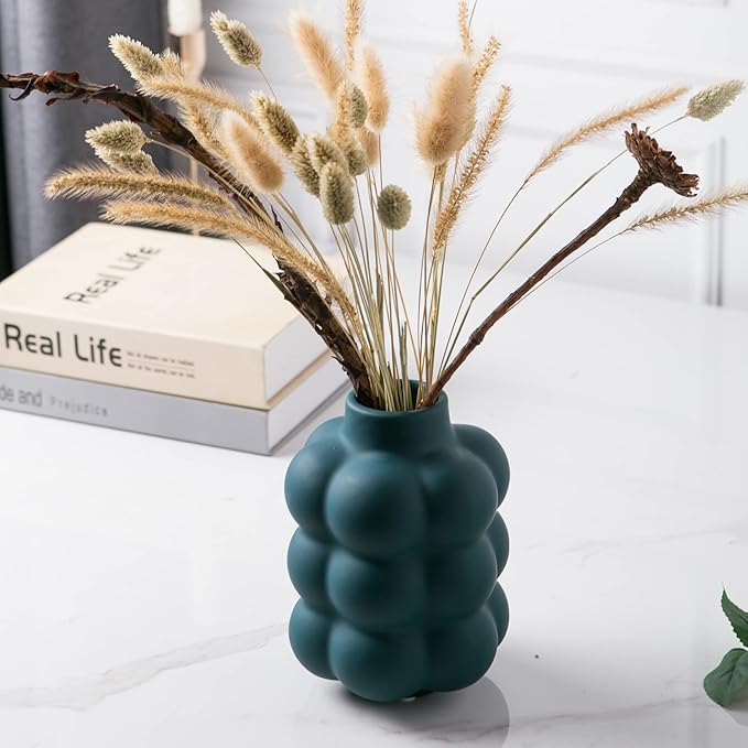 Ceramic Vase, Modern Dried Flower Vase, Blue Teal Vase with Raised Dots, Boho Home Decor for Centerpiece Wedding Dinner Table Party Living Room Office Bedroom, Housewarming Gift
