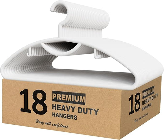 Plastic Clothes Hangers- Heavy Duty Plastic Hangers for Clothes, Coats, Dress, Suits- Non Slip Closet Cloth Hanger with Hook for Scarves, Belts & Ties- Snag Free White Hangers for Shirts (Pack of 18)