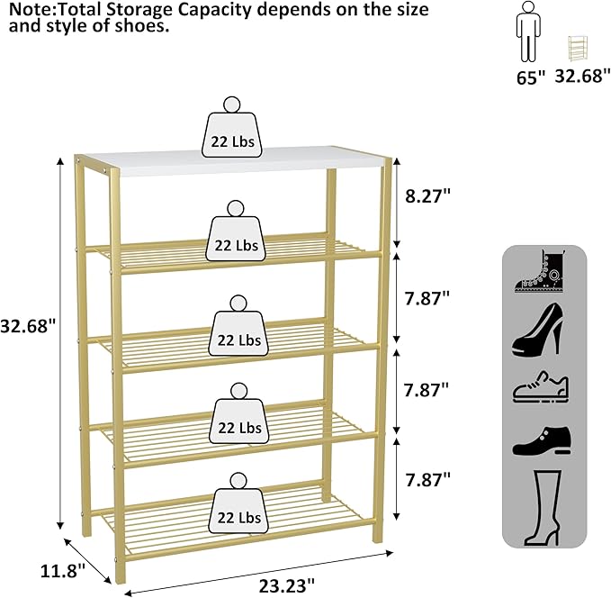 HOMEFORT 5-Tier Shoe Rack, Shoe Storage Shelf, Industrial Shoe Tower, Narrow Shoe Organizer for Closet Entryway, Small Shoe Rack Table with Durable Metal Shelves, Gold