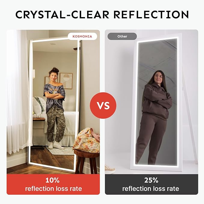 71x28 Frameless Full Length Mirror, Dimmable 3 Color LED Light w/Memory Function, Distortion Free, HD Reflection & Anti Desilvering, Tempered Glass & Shatter Proof Film Doubling Safety