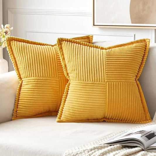 MIULEE Golden Yellow Corduroy Pillow Covers 18x18 Inch with Splicing Set of 2 Soft Boho Striped Pillow Covers Broadside Decorative Textured Summer Pillowcases for Couch Cushion Bed Livingroom